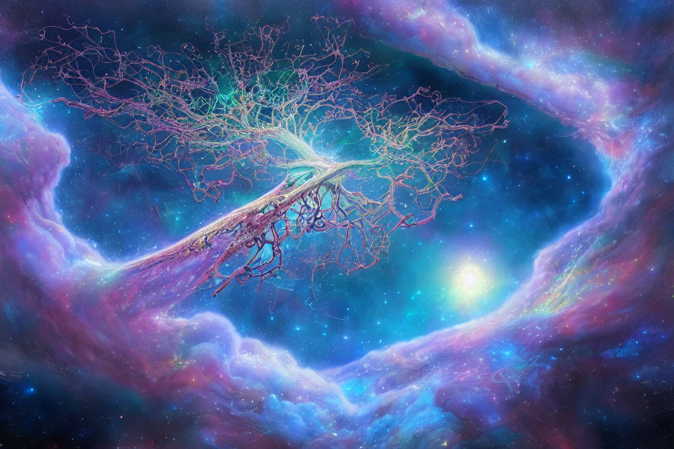 Colorful cosmic scene with tree-like structure amidst stars and dust clouds