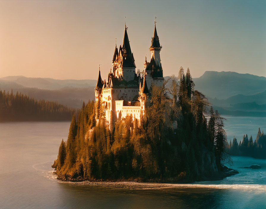 Castle on Forested Island Glowing in Sunset Light