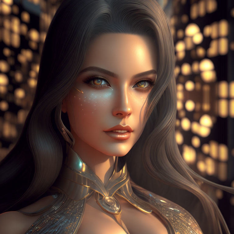 3D portrait of a woman with green eyes, long hair, and shimmering makeup