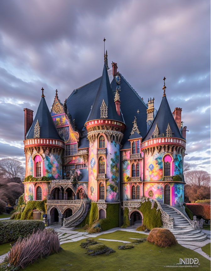 Majestic chateau illuminated by vibrant lighting at dusk