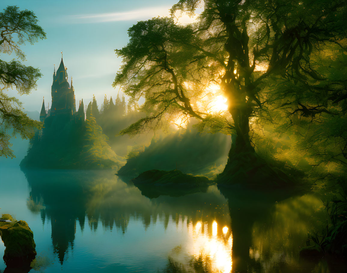 Tranquil landscape: castle on hill, sun rays through trees, calm waters