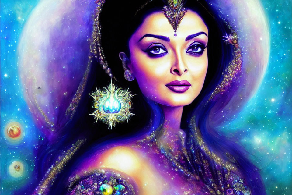 Digital artwork featuring woman with galaxy-themed makeup and jewelry on cosmic background