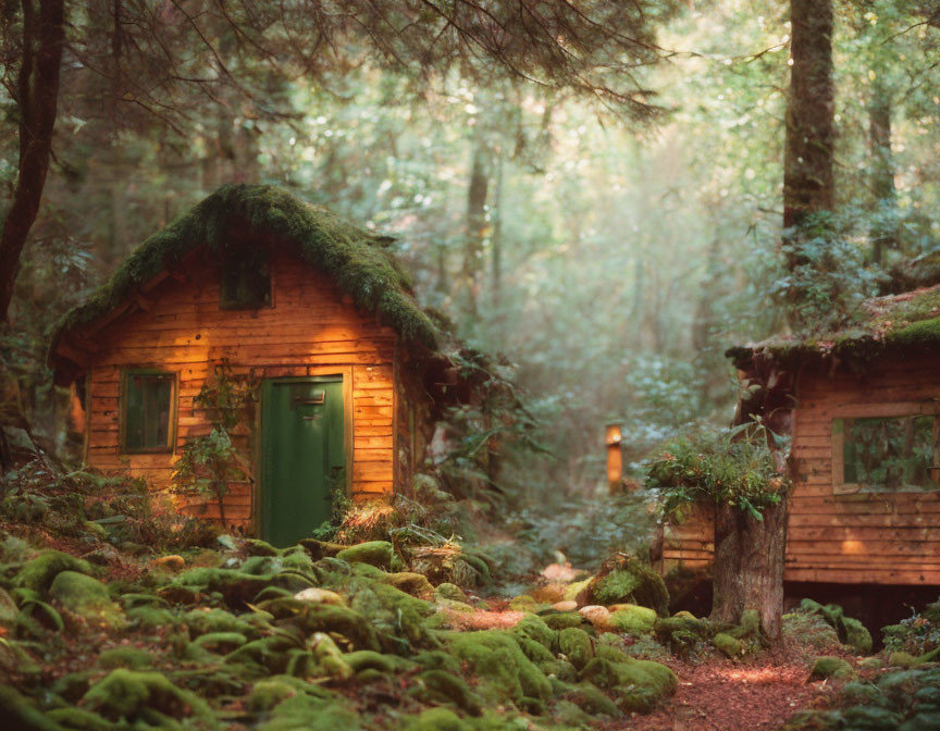 Rustic wooden cabins in serene forest setting