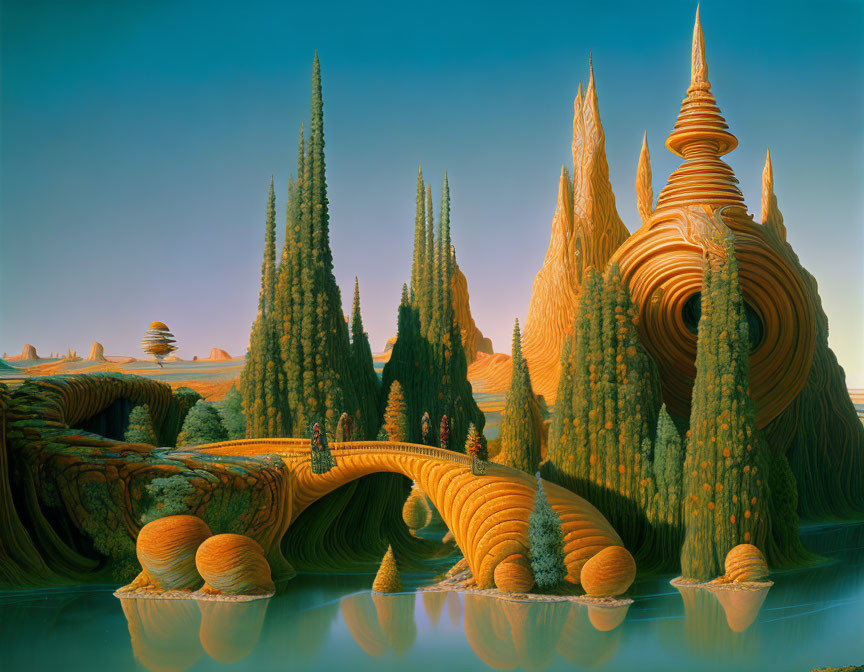 Surreal landscape with spire-like formations and striped spherical objects