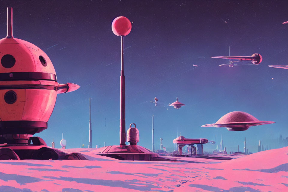 Illustration of Pink and Blue Alien Landscape with Dome Building, Humanoid Figure, Flying Saucers