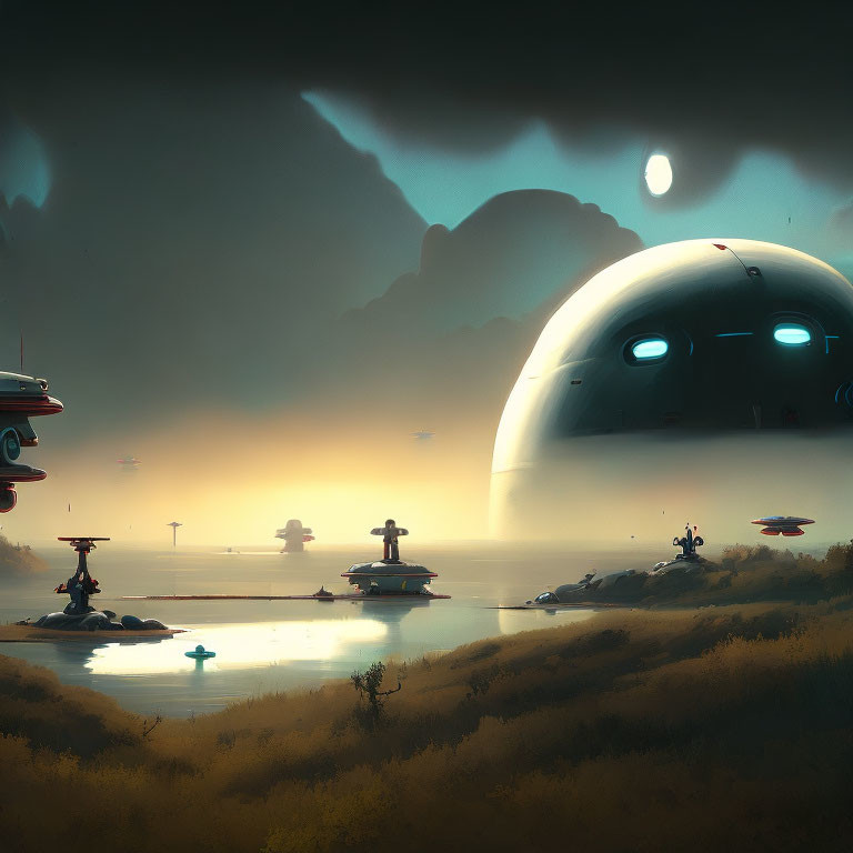 Futuristic dusk landscape with dome-like structures and flying saucers