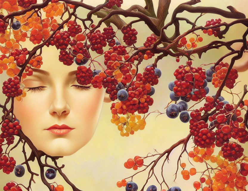 Serene woman's face blending with colorful berry tree in artwork