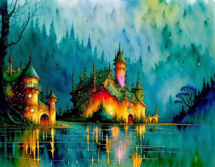 Colorful Whimsical Castle Reflection in Tranquil Water Amidst Misty Forest