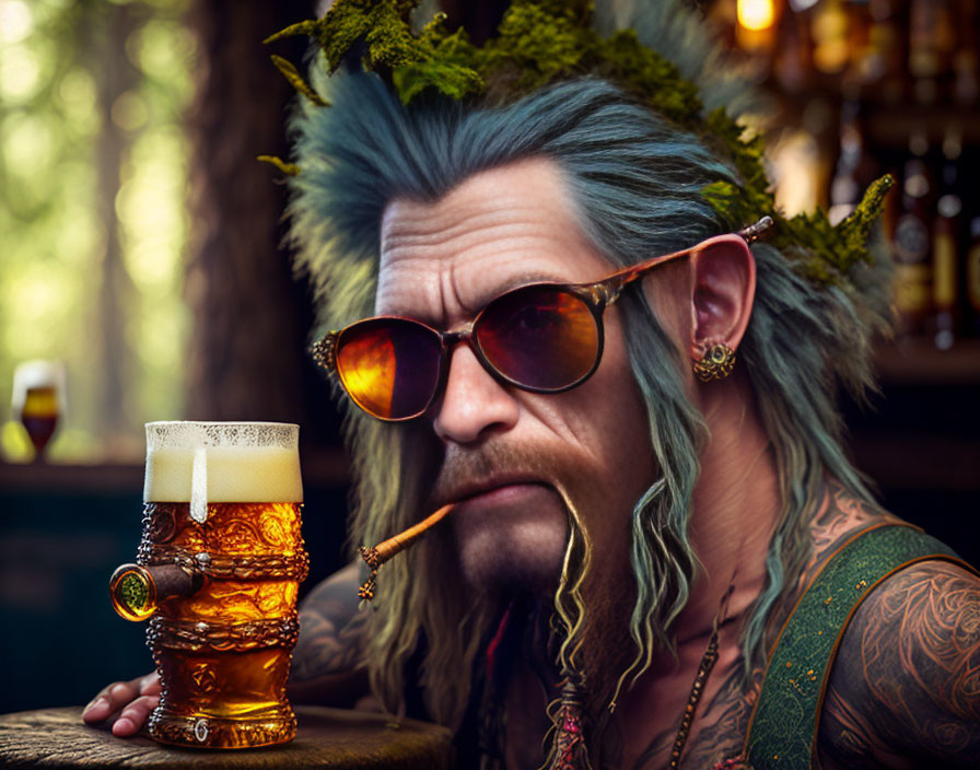 Colorful character with green hair, tattoos, sunglasses, cigar, and beer.