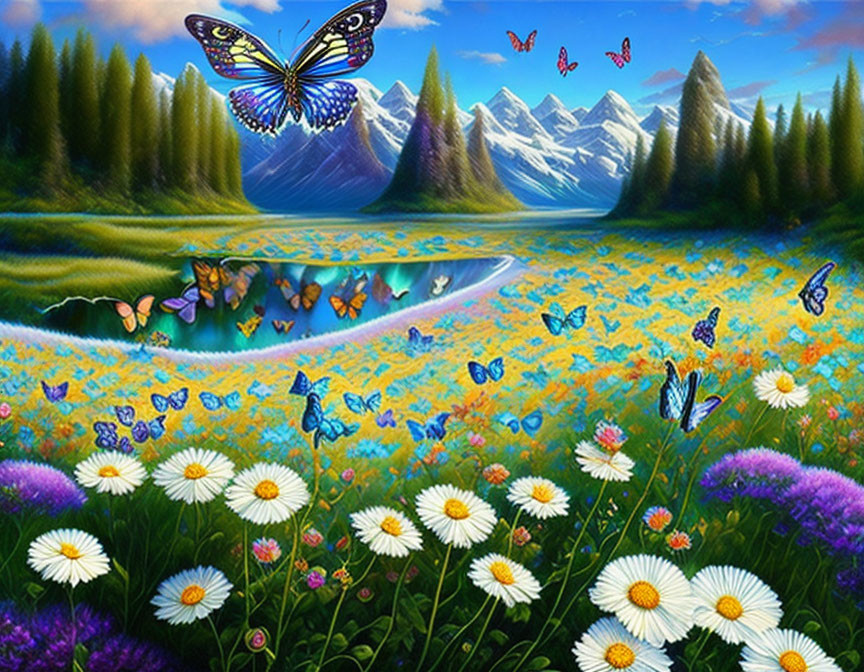 Colorful flowers, butterflies, mountains, trees, lake in serene meadow