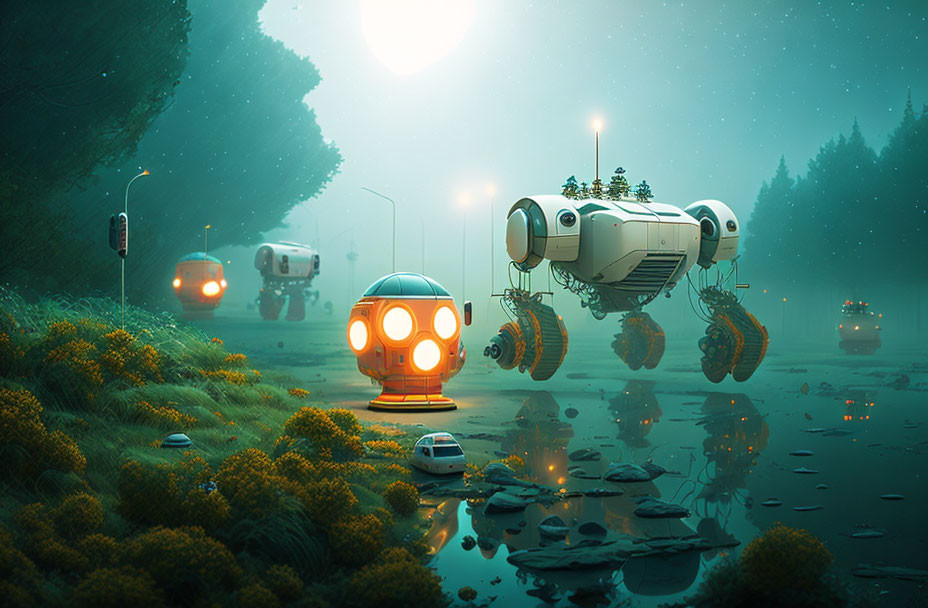 Advanced robotic vehicles on forest road with glowing orb and reflections