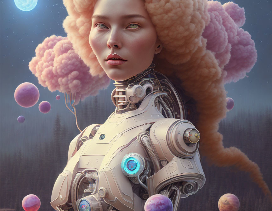 Female android portrait with human-like face and mechanical torso in surreal setting.