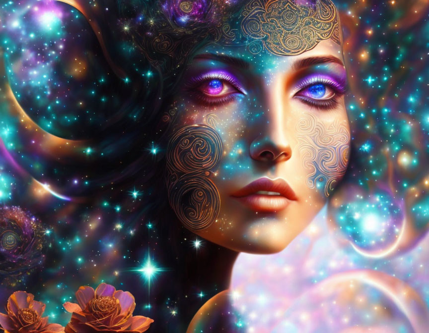 Digital art: Woman with cosmic skin patterns and galaxy hair.