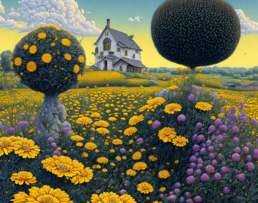 Surreal landscape with white house, yellow and purple flowers, and topiary-like trees