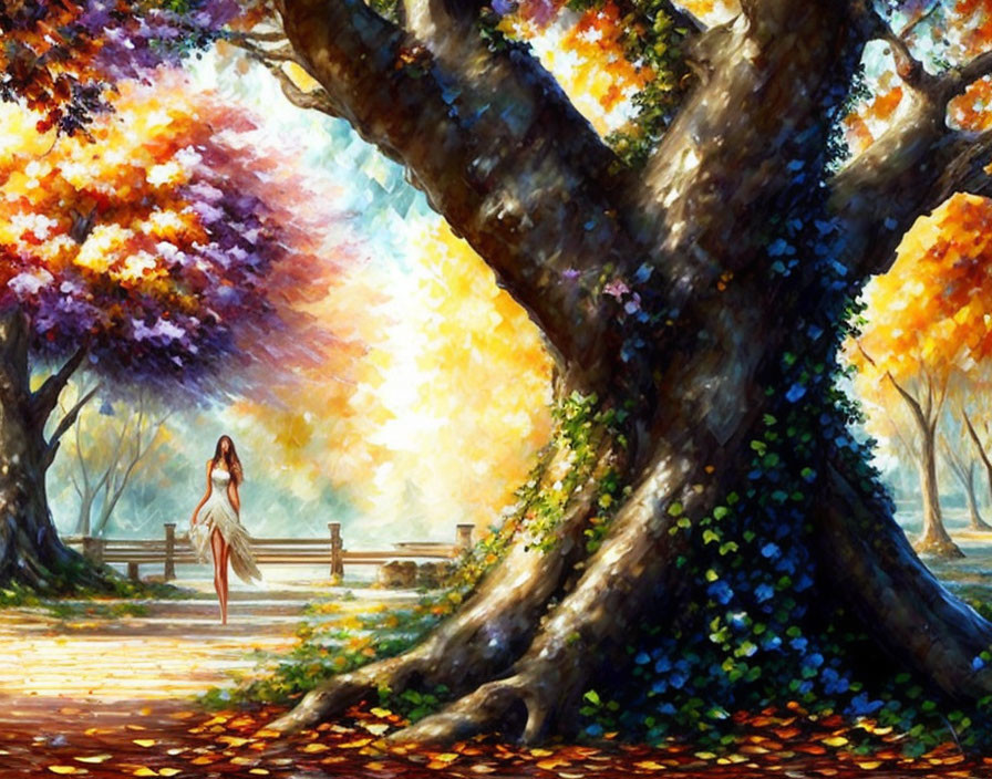 Colorful autumn forest painting with woman, sunlight, and leaves