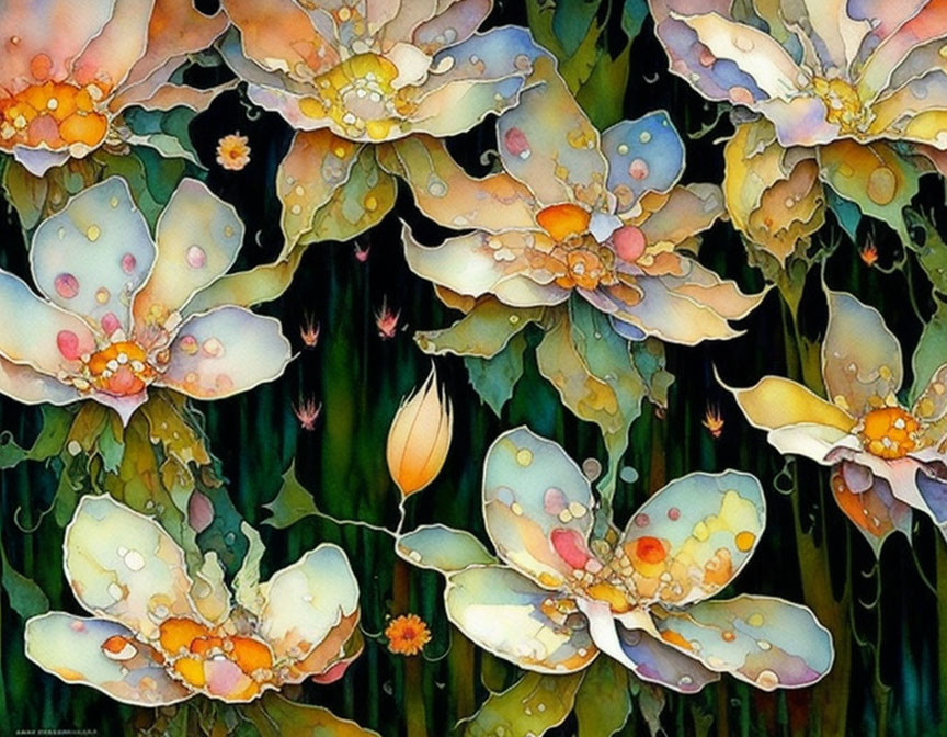 Ethereal watercolor painting of pastel flowers