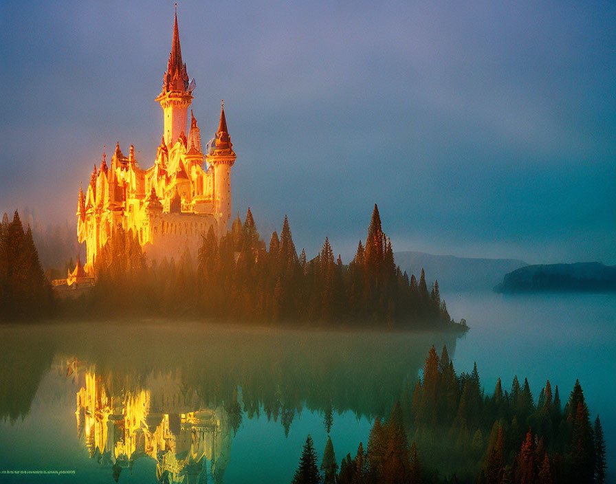 Majestic fairytale castle at dusk by tranquil lake