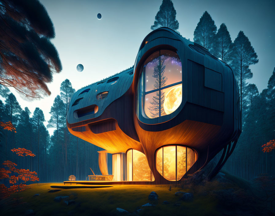 Organic design futuristic house in forest twilight.