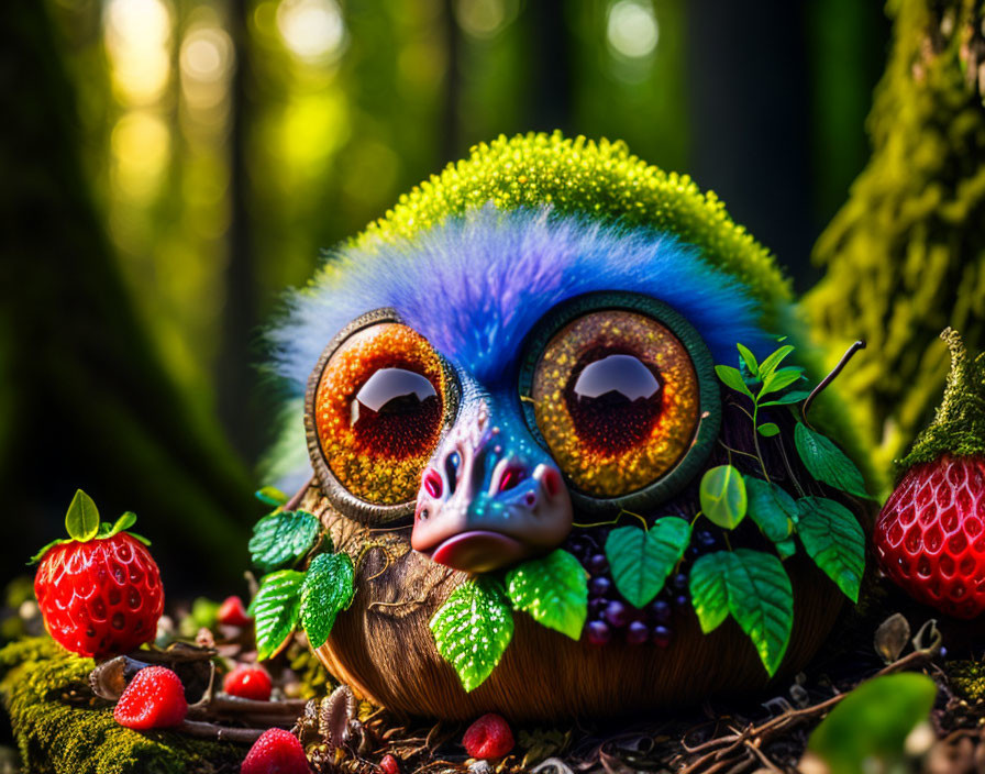 Colorful creature with large eyes in whimsical forest setting among strawberries and foliage