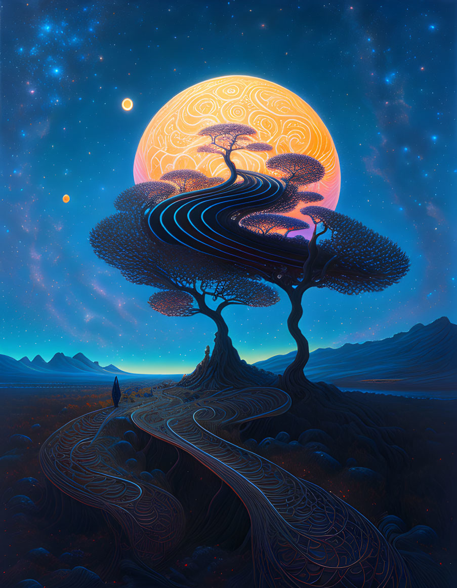 Person standing before large, intricately designed tree in fantastical landscape under starry sky with massive moon