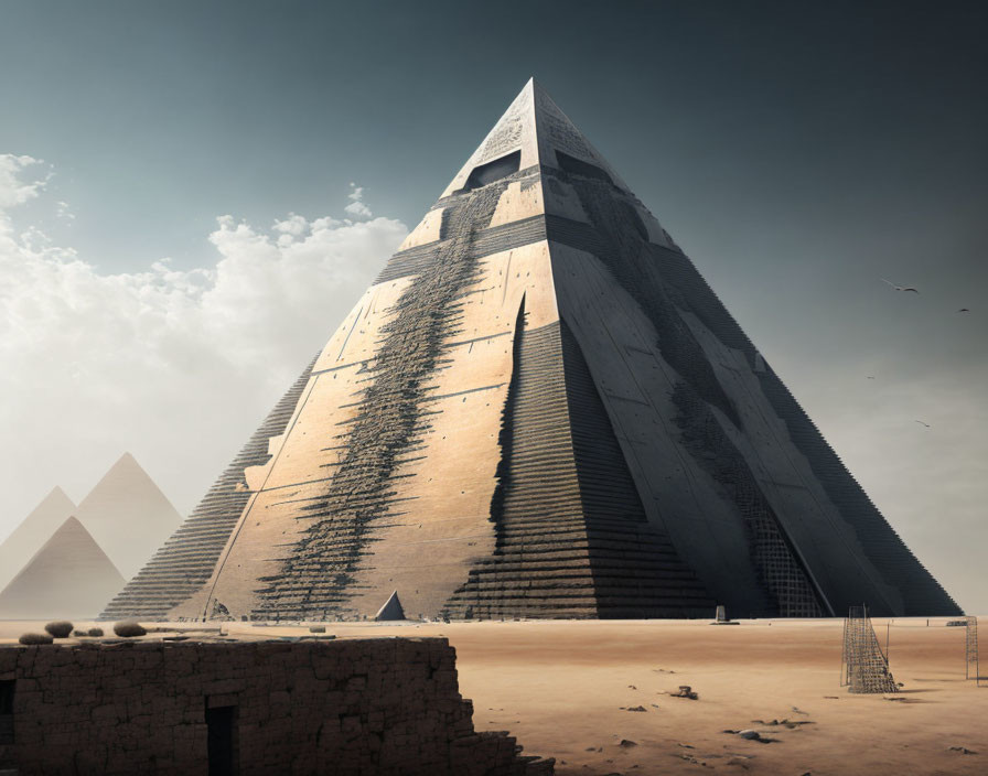 Sleek modern pyramid among traditional pyramids in desert landscape