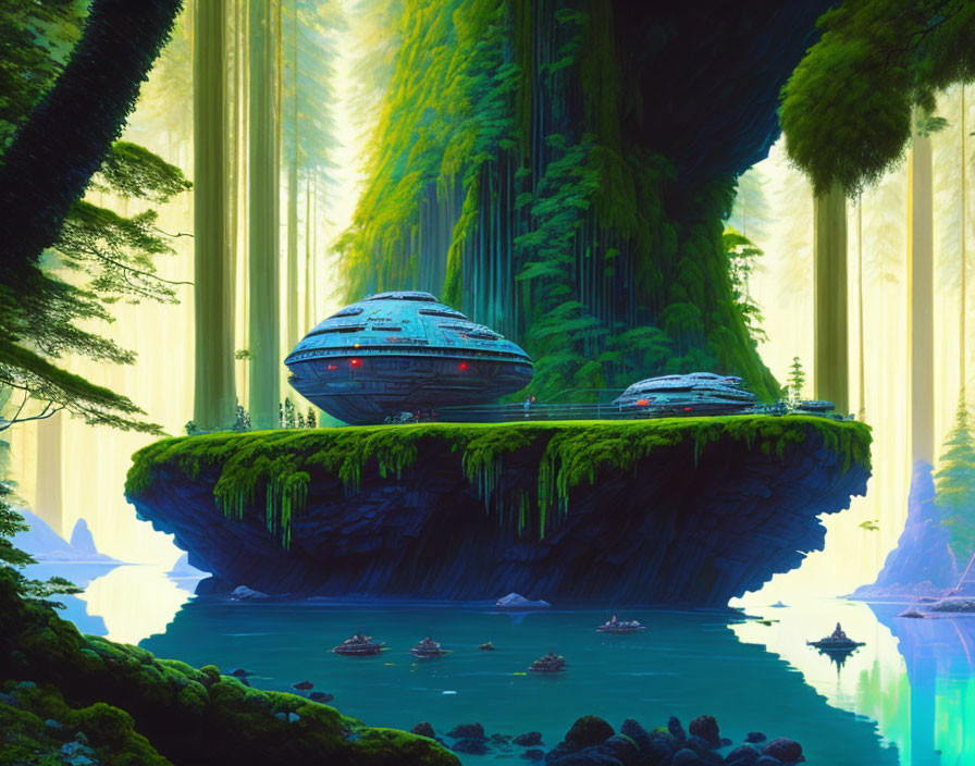 Futuristic spacecrafts on lush floating island above tranquil lake