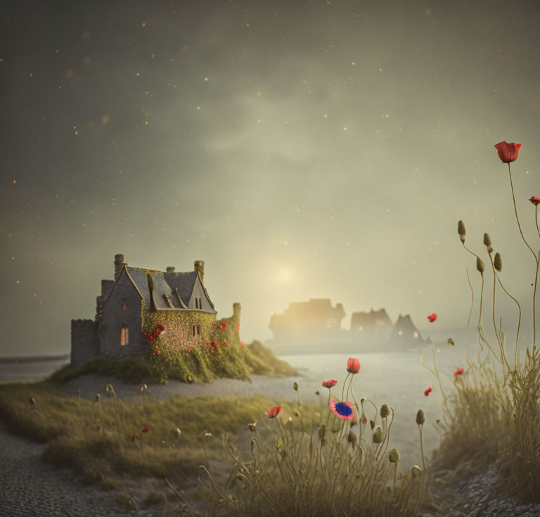 Stone cottage surrounded by wildflowers at sunrise with distant foggy town silhouette