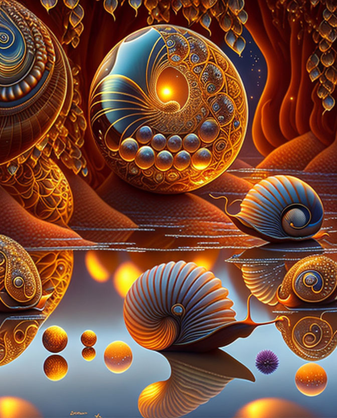 Colorful digital artwork: stylized snail shells and intricate patterns in warm tones