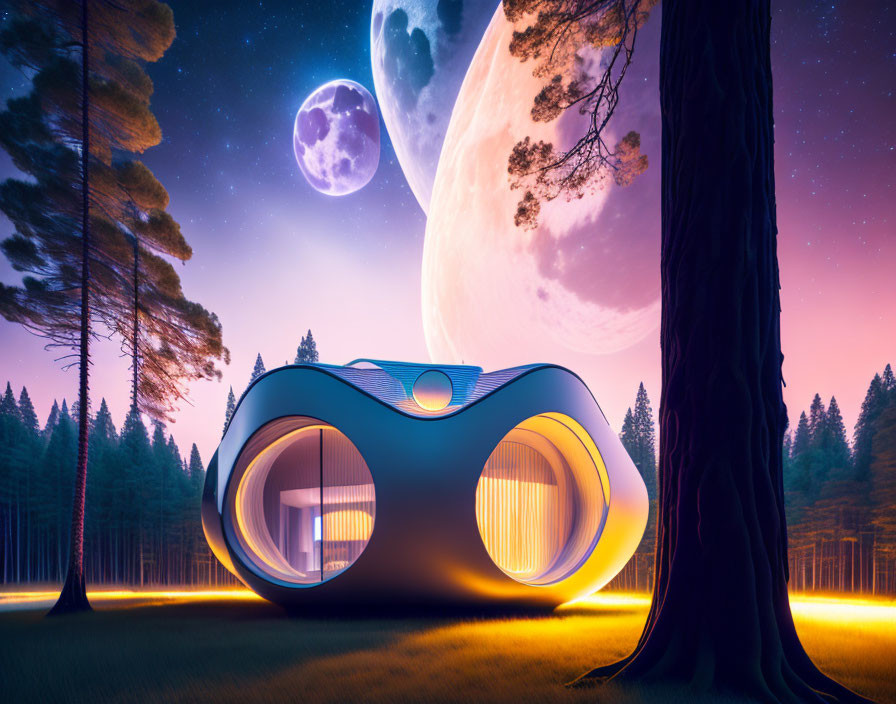 Futuristic house in forest clearing under oversized moons