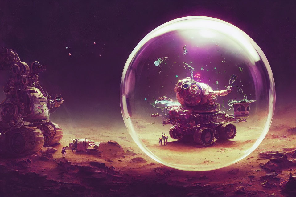 Sci-fi astronaut and robots on alien planet with mini-galaxy bubble