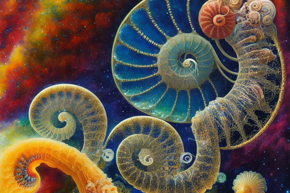 Vibrant spiral-shaped shells in cosmic backdrop