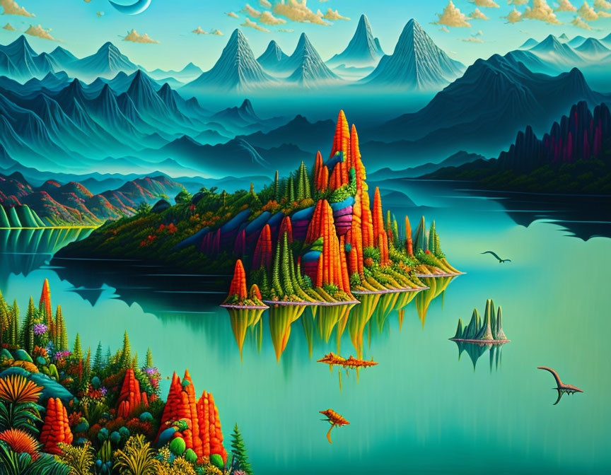 Colorful Flora on Floating Islands with Misty Mountains and Flying Creatures