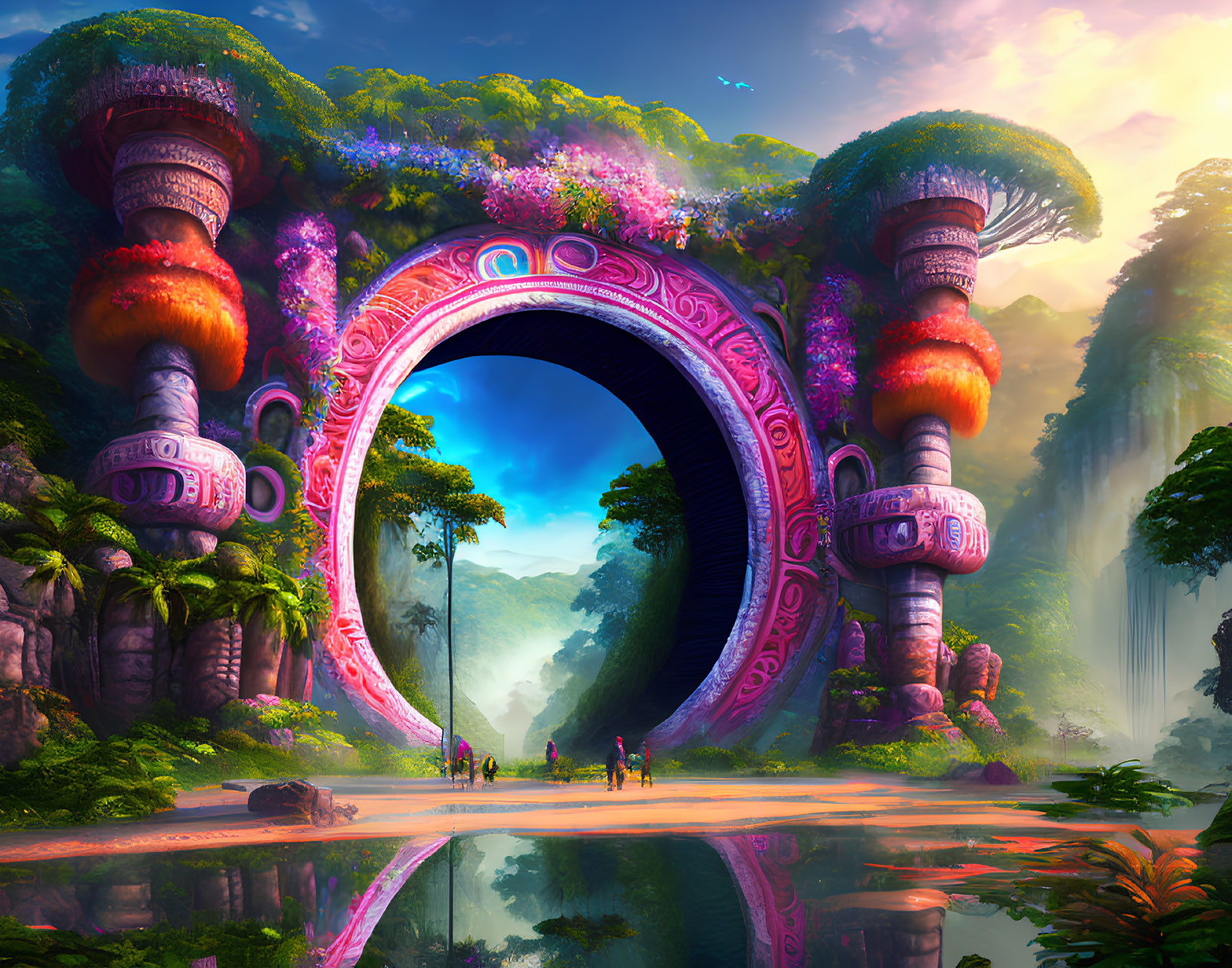 Colorful circular pink gateway overlooking lush valley with water body