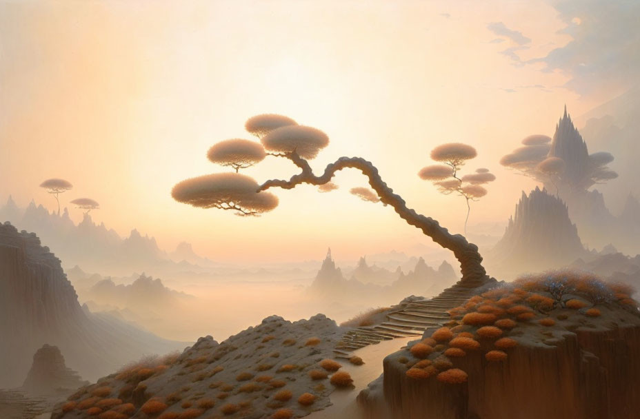 Fantastical landscape with sprawling tree and misty rocky terrain