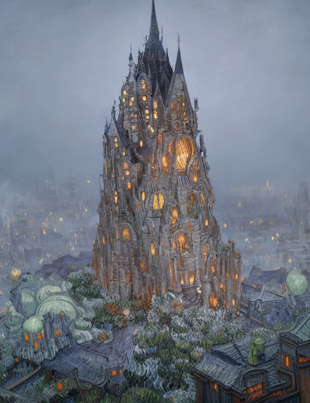 Illustrated gothic castle in foggy blue-toned town.