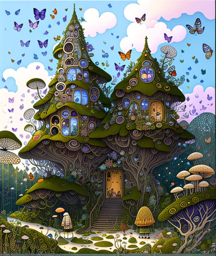 Illustration of Multi-Storied Treehouse with Mushrooms and Butterflies