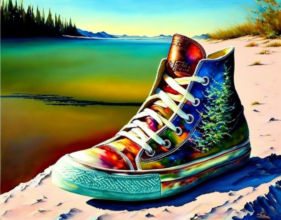 Colorful Lakeside and Forest Design High-Top Sneaker Against Scenic Backdrop