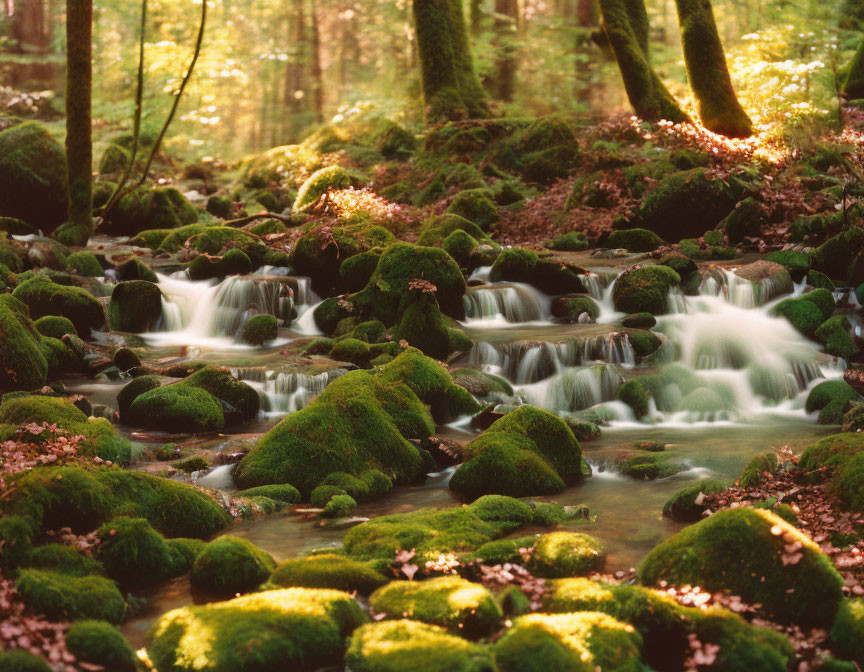 Tranquil forest stream with moss-covered rocks and sunlight filtering through trees