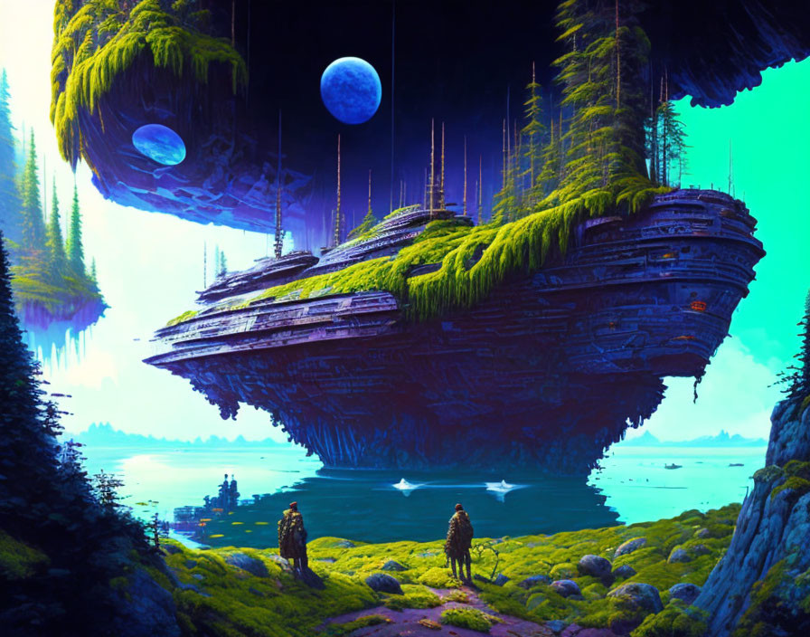 Fantastical landscape with floating islands and blue moon observed by silhouetted figures