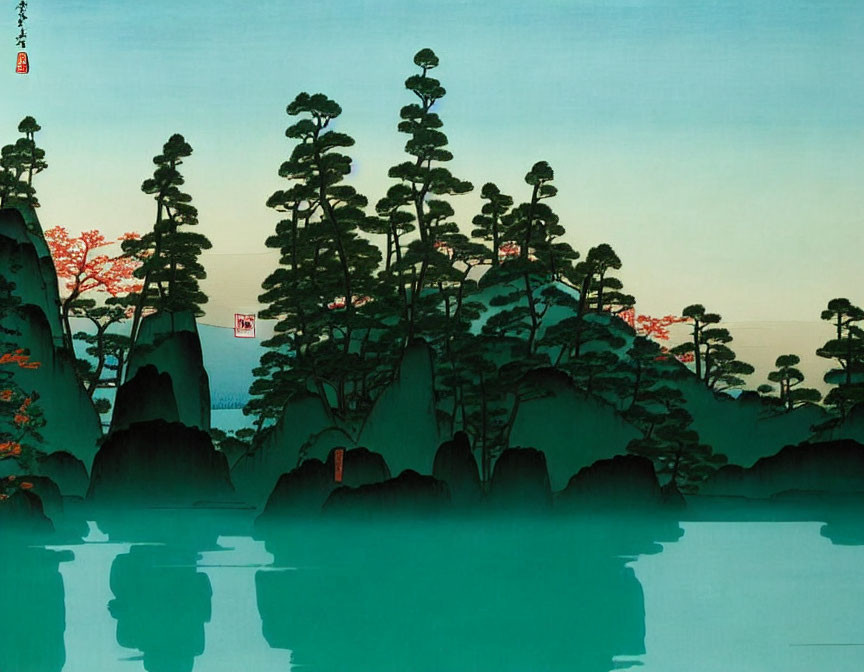 Tranquil landscape: tall pine trees on rocky islands, calm blue water, red foliage, soft