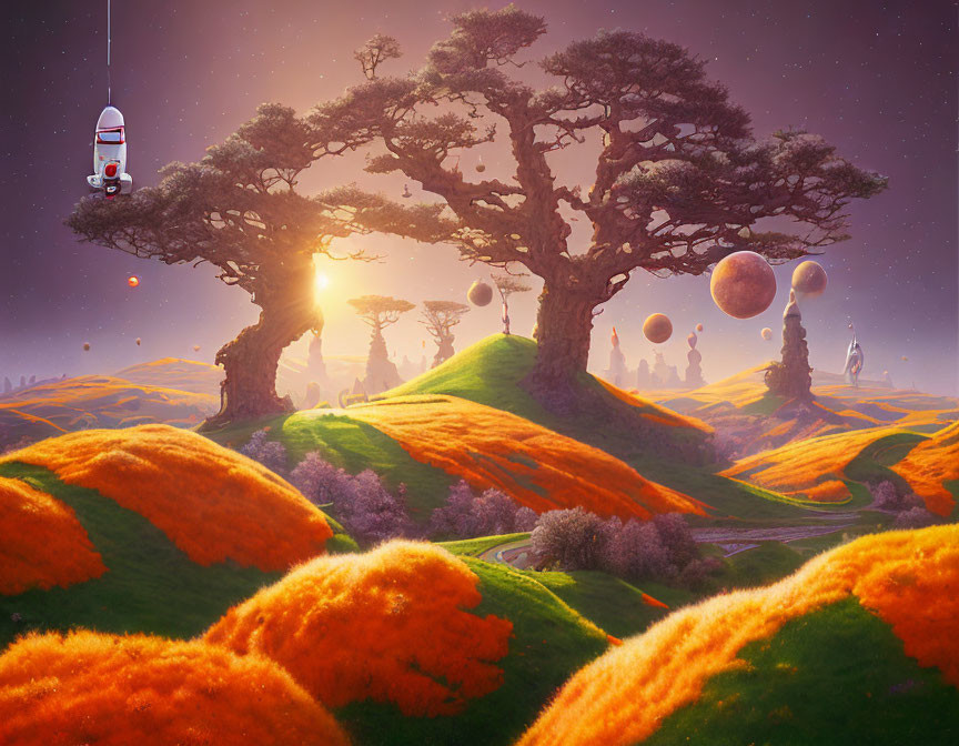 Vibrant orange moss, majestic trees, floating planets, spaceship in sunset landscape