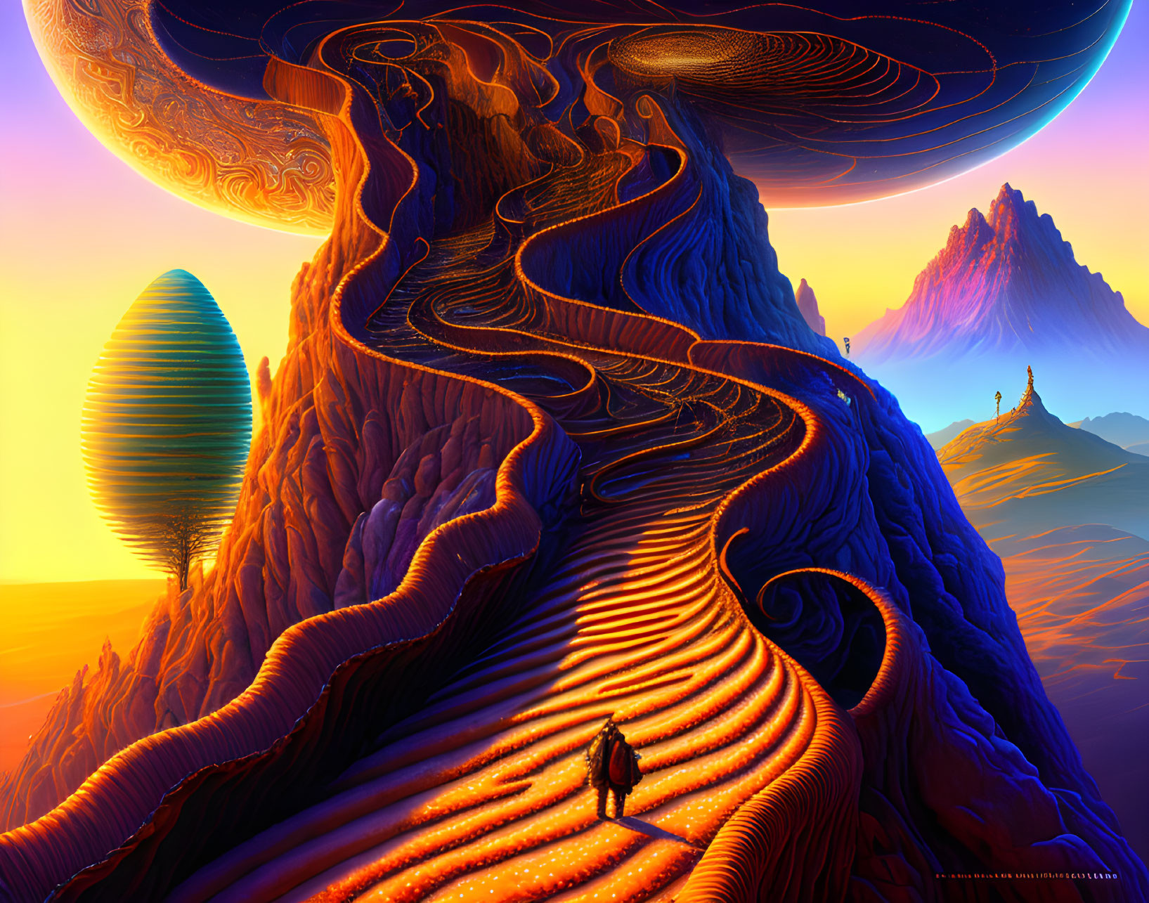 Vibrant Path with Surreal Landscape and Colorful Mountains