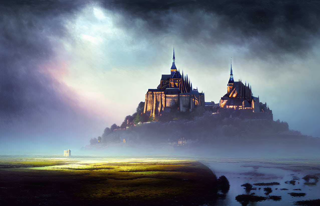 Majestic castle on hill with dramatic sky and enchanting landscape