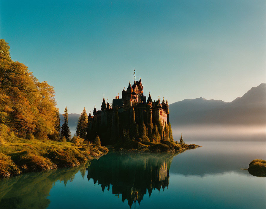 Ethereal castle on lush island with lake, mist, and mountains at sunrise or sunset