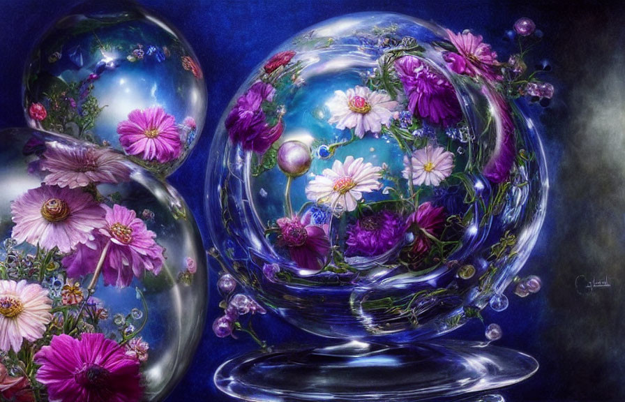 Vibrant Flower and Bubble Filled Spheres on Dark Blue Background