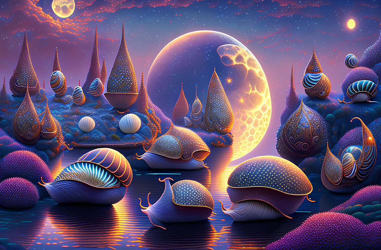 Fantasy landscape with shell-shaped structures and starlit sky