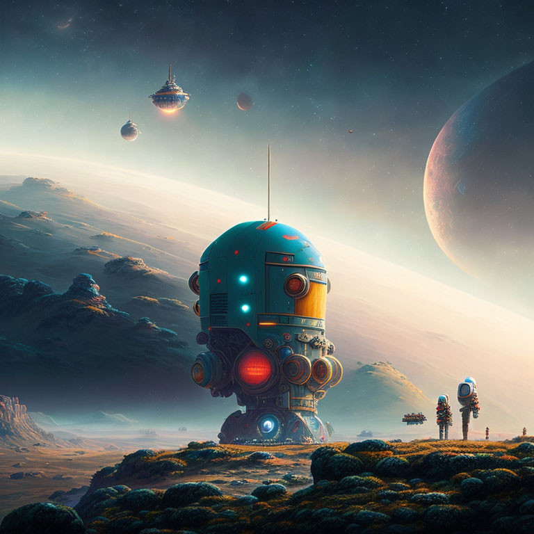 Futuristic astronaut and robot on alien planet with hovering spacecraft