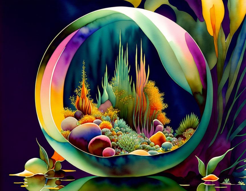 Colorful surreal garden illustration in oval frame with stylized plants.