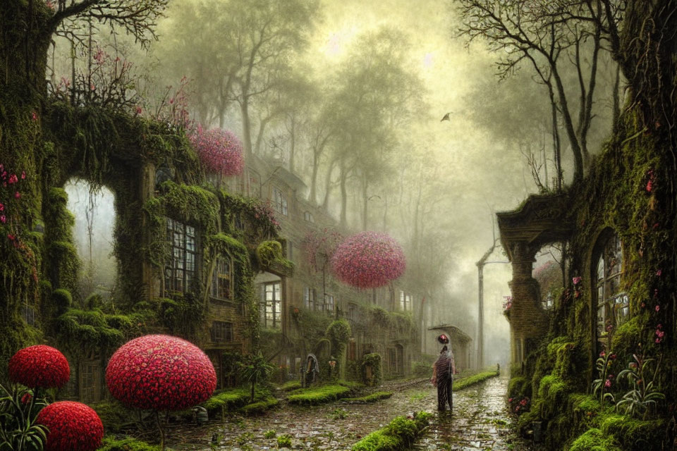 Person with Umbrella Walking on Misty Path Flanked by Old Buildings and Pink Flowering Trees