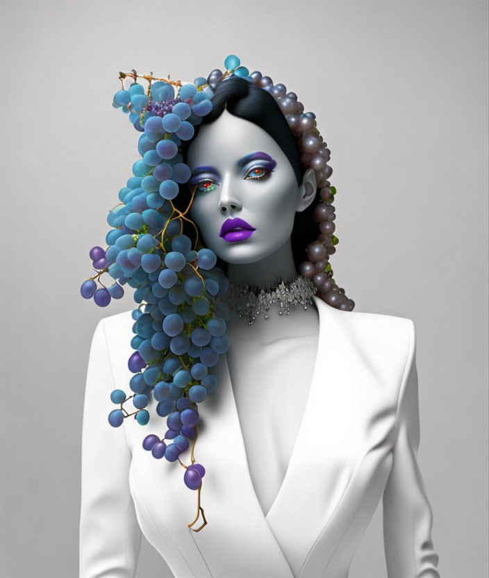 Purple-skinned woman with grape hair and white blazer art.